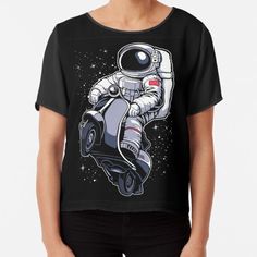 an astronaut riding on the back of a scooter in outer space with stars