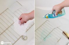 two pictures showing how to clean a bathtub with soap and cleaning products on it