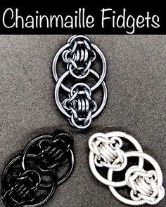 three different types of metal fidgets with the words chainmaile fidgets on them