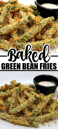 baked green bean fries on a plate with dipping sauce in the middle and an image of fried