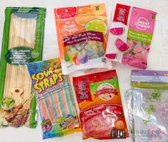 various packaged food items sitting on top of a counter