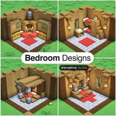 four different views of a bedroom in the minecraft style with furniture and accessories on it