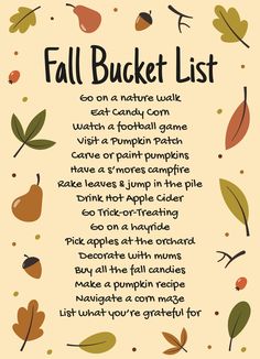 a fall bucket list with leaves and acorns