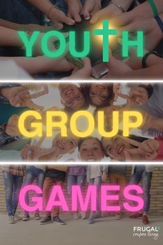 a group of people standing next to each other with the words youth group games on them