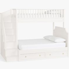 a white bunk bed with drawers underneath it