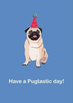 a pug wearing a party hat with the words have a pugsistic day on it