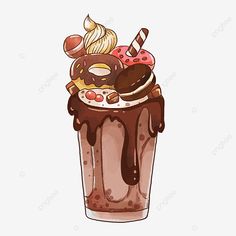 a chocolate milkshake with ice cream and donuts on top, cartoon style