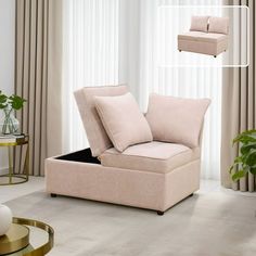 a living room scene with focus on the couch and chair that has been placed in an open storage compartment