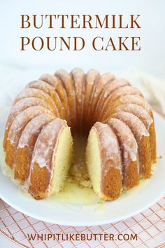 a bundt cake on a white plate with the words buttermik pound cake