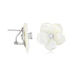 Ross-Simons - Italian Mother-of-Pearl, .40ct t. w. Cubic Zirconia Flower Earrings in Silver. This beautiful pair of earrings will cast an angelic aura over your entire ensemble. Made in Italy, the 20x20mm mother-of-pearl carved flowers are sparked with radiant .40 ct. t. w. round brilliant-cut CZs at their centers. Crafted in sterling silver. Clip/post, CZ and mother-of-pearl flower earrings. Pearl birthstones are the perfect gift for June birthdays. Formal White Sterling Silver Flower Earrings, Formal White Clip-on Flower Earrings, Elegant Flower Shaped Mother Of Pearl Earrings, White Pearl Flower Earrings For Formal Occasion, Classic White Flower Earrings For Formal Occasions, Formal Pearl White Flower Earrings, White Flower-shaped Clip-on Earrings For Formal Occasions, White Flower-shaped Clip-on Earrings For Formal Events, White Flower Shaped Clip-on Earrings For Formal Events