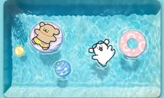 there are three cartoon characters floating in the pool with donuts and other things around them