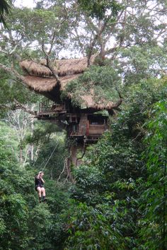 a woman is zipping through the trees in front of a tree house with thatched roof