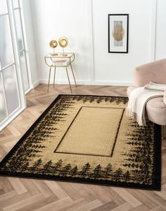 a living room area with a chair and rug