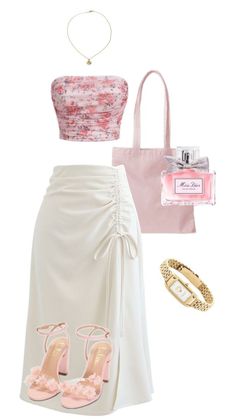 a woman wearing a white skirt and pink top next to a handbag, purse and shoes