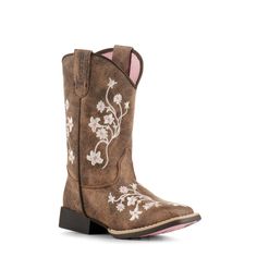 Twister girls brown faux leather boots with ​an allover white floral embroidery. These boots also feature a square toe, removable insole and an EVA outsole. Mini Cowgirl Boots, Mexican Botas, Mexican Boots, Baby Cowboy Boots, Brown Cowgirl Boots, Embroidery Square, Square Toe Cowboy Boots, Lily Brown, White Floral Embroidery