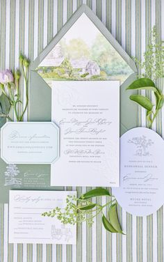 the wedding stationery was done in green and white