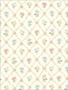 a white wallpaper with pink, blue and yellow flowers on the bottom half of it