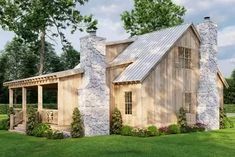 this is an artist's rendering of a log cabin with stone pillars and porches