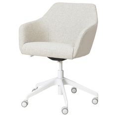 a white office chair with wheels on the back and seat upholstered to it