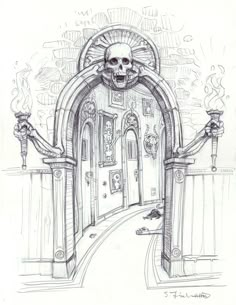 a drawing of an entrance to a building with a skull on the door and fire coming from it