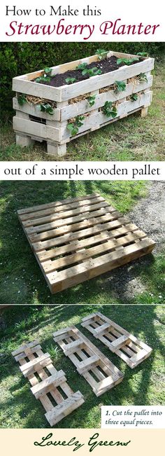 some wooden pallets with plants growing in them and the words how to make this strawberry planter out of it