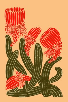 an orange and green cactus with red flowers on it's back side, in front of a beige background