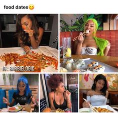 four different pictures of women eating food at a table