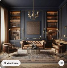 a living room filled with furniture and bookshelves next to a chandelier