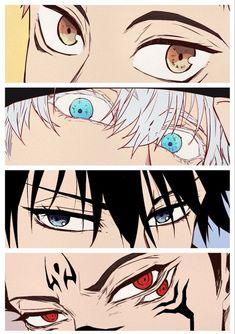 three different anime characters with blue eyes