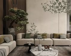 a living room filled with furniture and a tree in the corner on the side wall