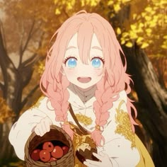 an anime character with pink hair holding a basket full of apples in front of trees