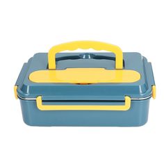 a blue and yellow lunch box with handle on it's side, sitting against a white background