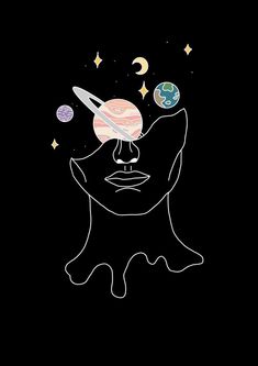 a woman's face with planets and stars in the sky above her head on a black background