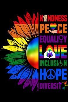 an image of a peace sign with rainbows and flowers in the center on a black background