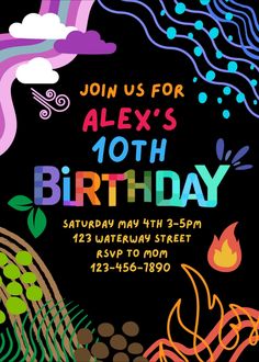 this is an image of a birthday party card with the text, join us for alex's 10th birthday