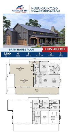 the barn house plan is shown in two different views, and it has an open floor plan