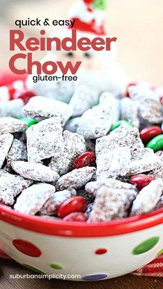 a bowl full of reindeer chow next to a red and white polka dot napkin with the words quick & easy reindeer chow on it