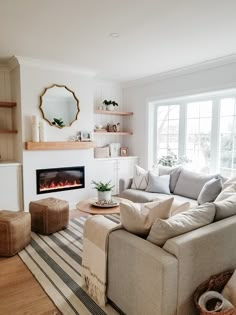 a living room filled with furniture and a fire place in the middle of the room