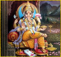 an image of lord ganesha sitting in front of a painting on the wall