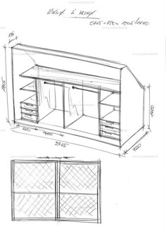 an architectural drawing of a closet with drawers and shelves in the front, side by side