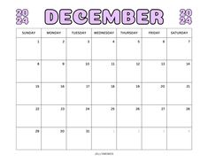 a december calendar with the holidays written in pink and purple on it, as well as numbers