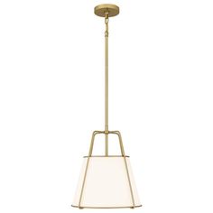 a light fixture with a white glass shade on the bottom and gold metal frame, hanging from