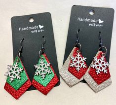 Silver/Red and Green/Red leather earrings with snowflake charms .  3 inch dangle.  Wonderful for Christmas or any occasion. The leather is shiny and the earrings are lightweight Christmas Earrings Diy Cricut, Leather Earrings Christmas, Faux Leather Christmas Earrings, Leather Christmas Earrings, Earrings Christmas, Christmas Faux Leather Earrings, Christmas Leather Earrings, Cricut Earrings Diy, Diy Christmas Earrings