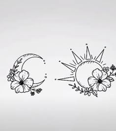 the sun, moon and flowers are drawn in black ink