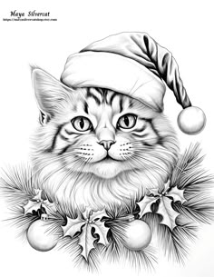 a black and white drawing of a cat wearing a santa hat