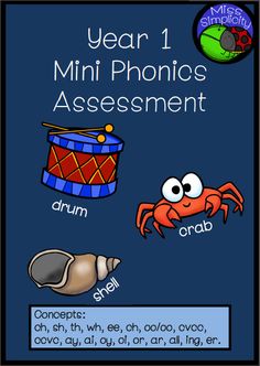 the year 1 mini phonics assignment is shown in this poster, which includes an image of a crab and drum