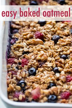 an easy baked oatmeal dish with berries and granola