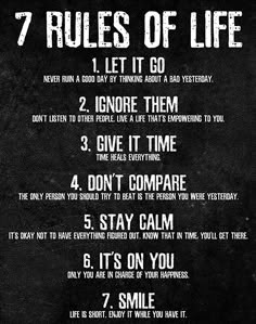 the seven rules of life poster on black paper with white writing and an image of a person's face