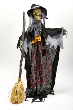 Red flashing eyes. Moves head side to side. Holding broom. Worth Imports Freestanding Laughing Lighted Witch Animatronic | 4380 Witch Flying On Broom, Hanging Witch, Witch Figurines, Creepy Faces, Halloween Figures, Candy Bucket, Halloween Eyeballs, A Broom, Trick Or Treater