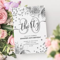 Silver Floral Glitter 30th Birthday Script Invitation | Zazzle